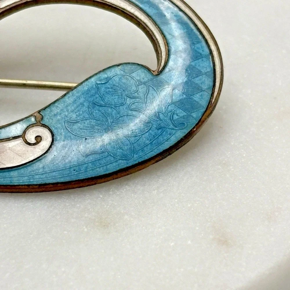 Vintage Guilloche Enamel Sash Pin Brooch Blue White Art Nouveau Unsigned